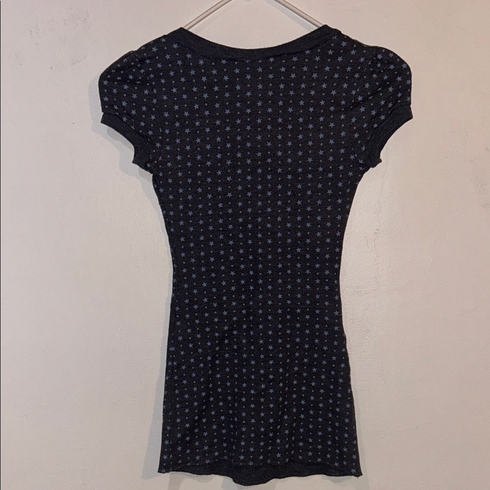 Y2K Waffle Cap Sleeve Emo Dark Gray Blue Star Pattern Top - Picture 4 of 6